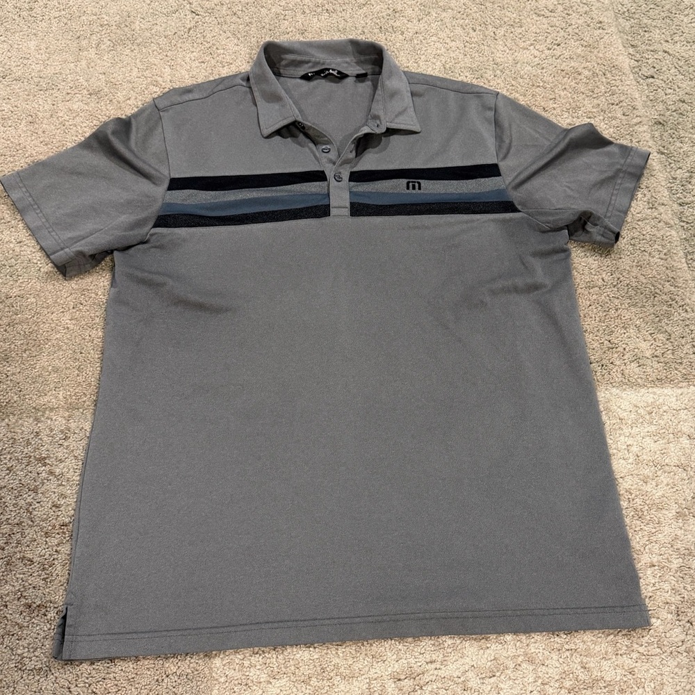 Travis Mathew Gray Polo with Navy and Dark Gray Stripes